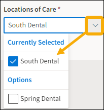 Locations of Care field with yellow highlight box around the drop down menu and a yellow arrow pointing to menu selection option.